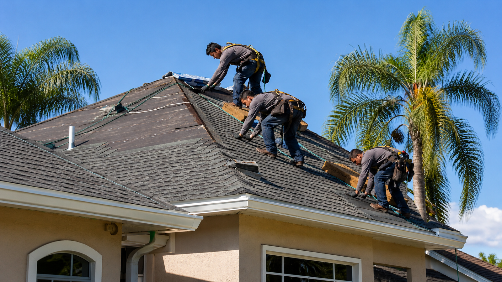 Professional roofing crew installing shingles on residential roof